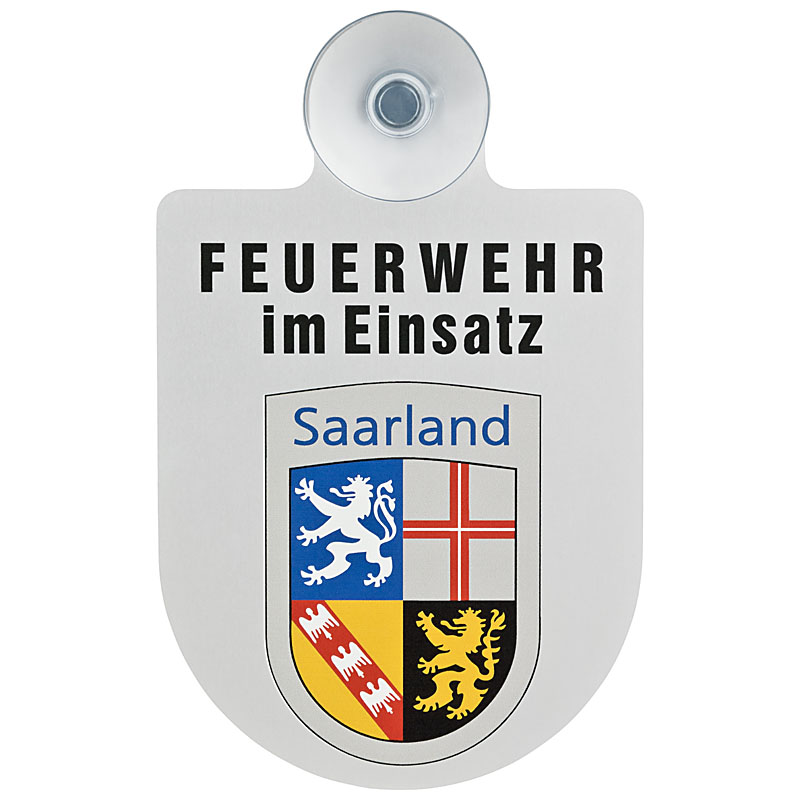 Alu Saugnapf Wappen Schild Feuerwehr im Einsatz mit Wappen Saarland, Saugnapfschilder, Einsatzschilder, PRODUKTE, Feuerwehrstore
