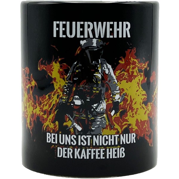 Kaffeebecher schwarz "FEUERWEHR BEI UNS IST NICHT NUR DER KAFFEE HEISS"